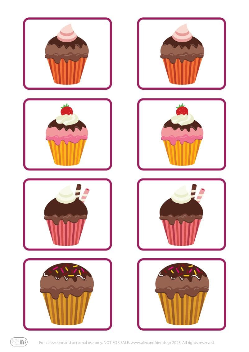 Memory card matching game for children toddlers. Cup cakes. Free printables.