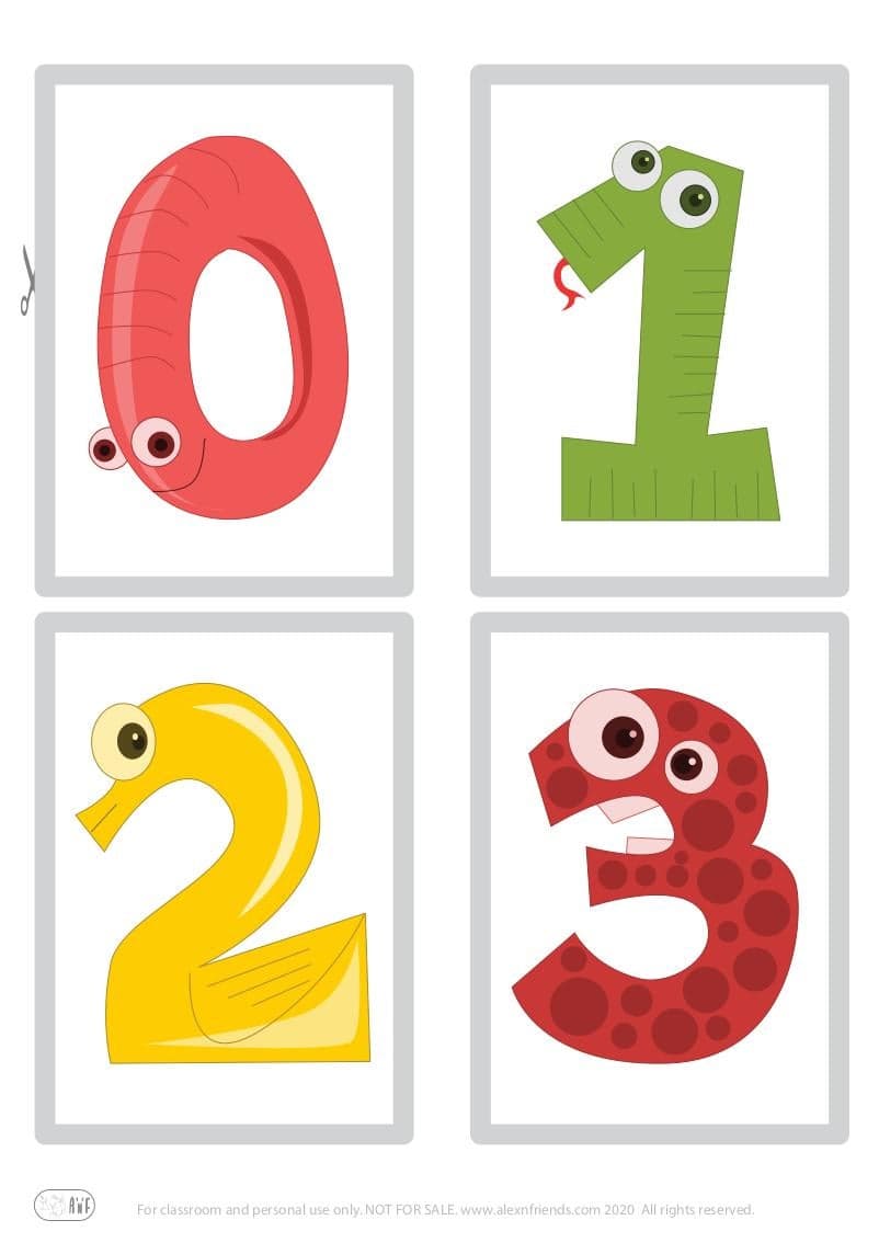 Εκμάθηση των αριθμών. Χαρούμενες δωρεάν εκτυπώσιμες κάρτες για παιδιά με τους αριθμούς 0, 1, 2, 3, 4.