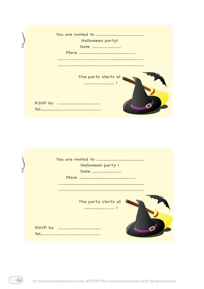 Halloween. Free printable invitation in english for kids party. Witch hat.