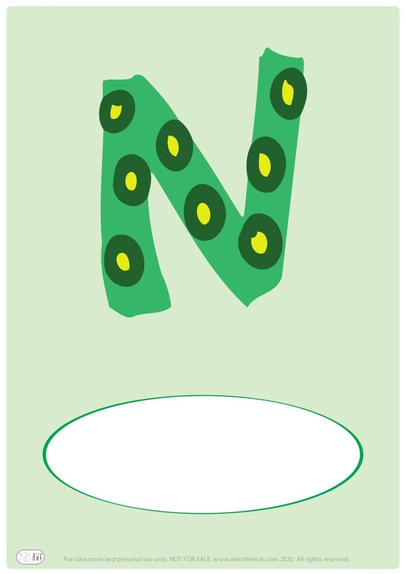 Free printable cover for kids' personal booklet with latin letter N.