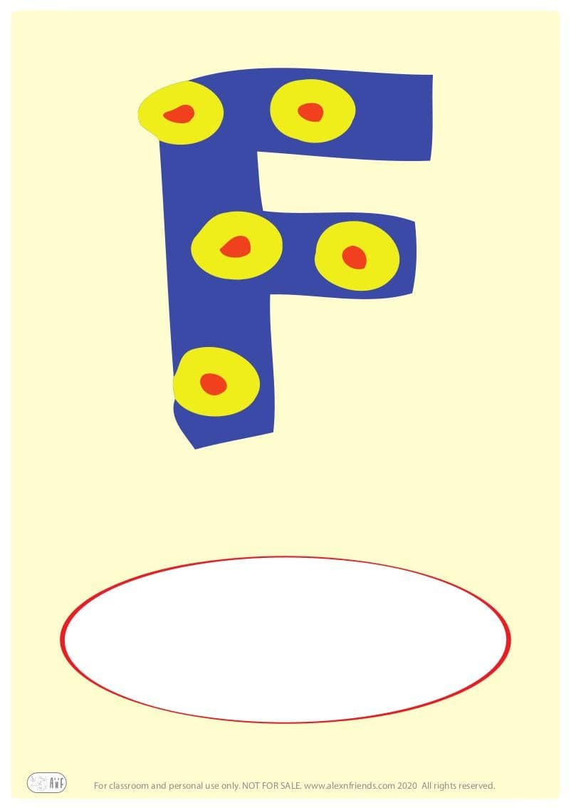 Free printable cover for kids' personal booklet with latin letter F.