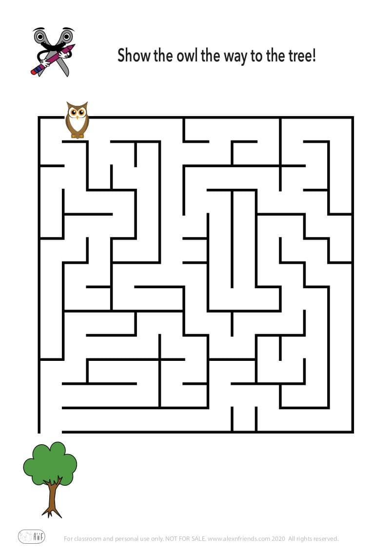 Educational activity for preschoolers. Free printable maze. Owl and tree.