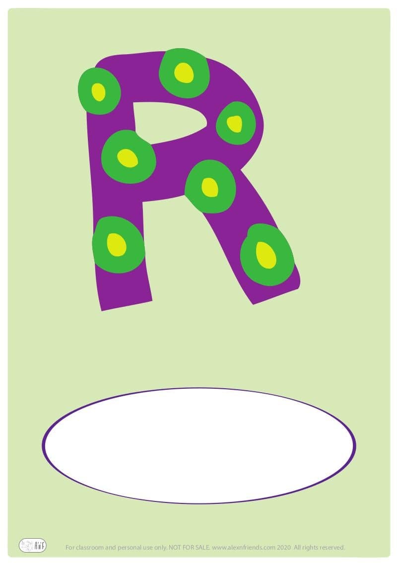 Free printable cover for kids' personal booklet with latin letter R.