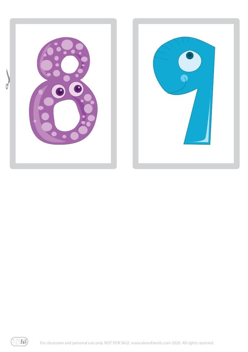 Εκμάθηση των αριθμών. Χαρούμενες δωρεάν εκτυπώσιμες κάρτες για παιδιά με τους αριθμούς 8 και 9.