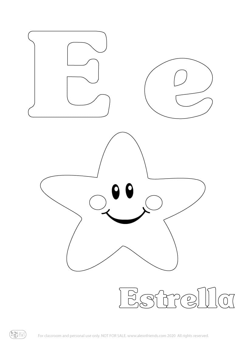 Εκμάθηση της Iσπανικής αλφάβητου για παιδιά. Δωρεάν εκτυπώσιμο φύλλο ζωγραφικής με το γράμμα E e και αστέρι
