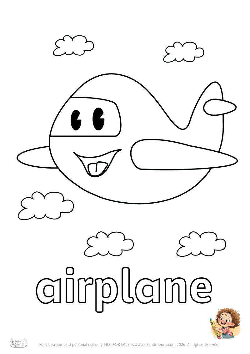 Letter a - airplane. Printable English alphabet coloring pages for children learning letters
