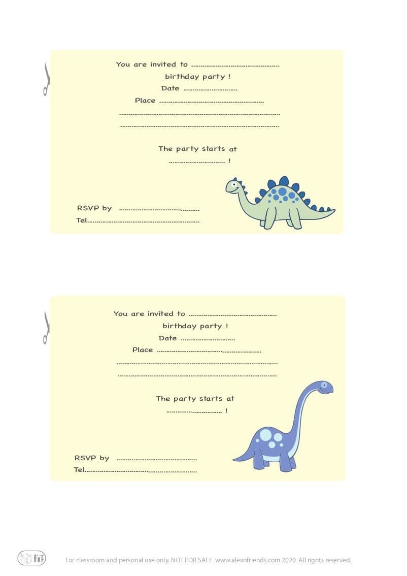 Free printable kid's birthday invitation in english with dinosaurs in yellow background.
