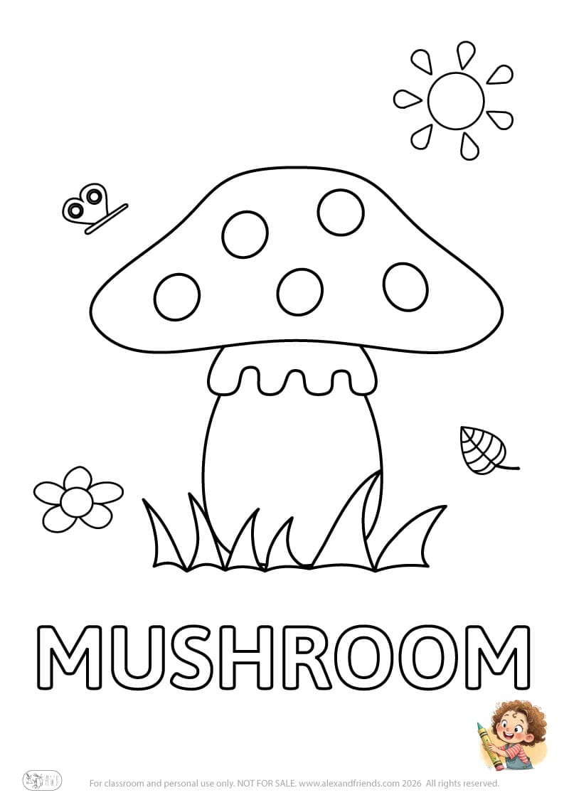 Letter M - MUSHROOM. Printable English alphabet coloring pages for children learning letters