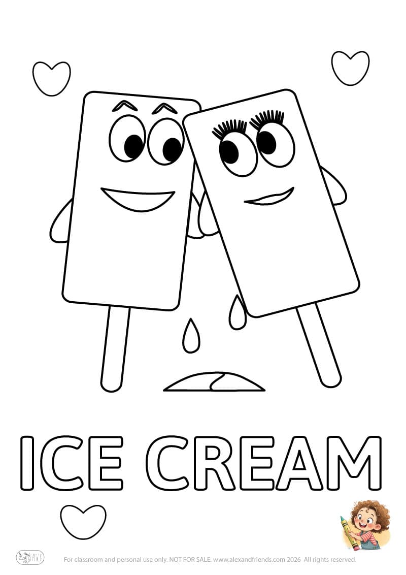 Letter I - ICE CREAM. Printable English alphabet coloring pages for children learning letters