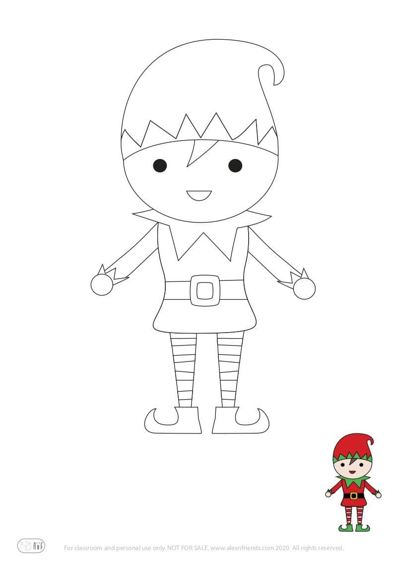 Free printable holiday coloring page for kids. Christmas and New Year. Elf.