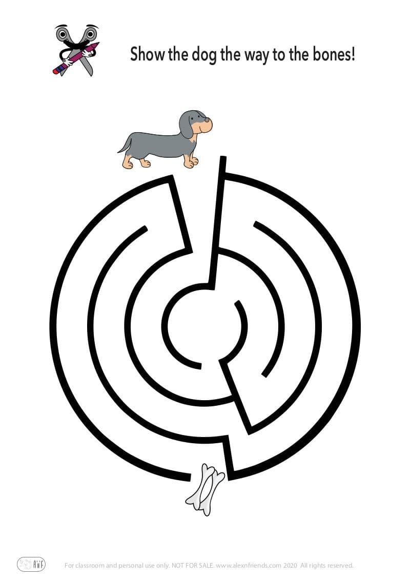 Educational activity for preschoolers. Free printable maze. Dog and bones.