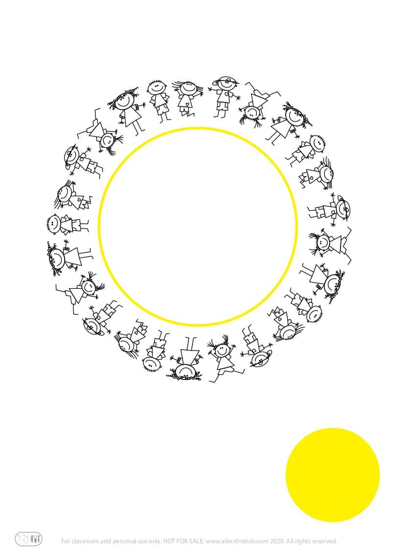 Free coloring page for kids. Learning shapes and colors. Yellow circle with happy kids.