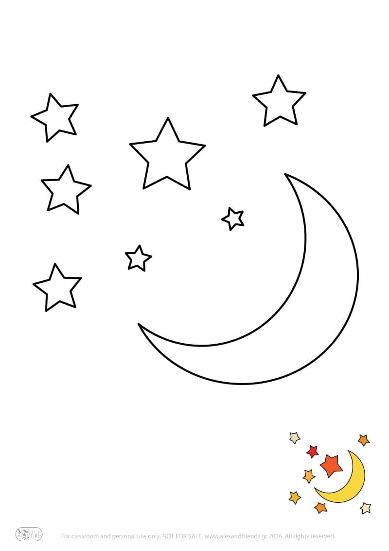 Εκπαιδευτική δραστηριότητα για παιδιά. Δωρεάν εκτυπώσιμο φύλλο ζωγραφικής με φεγγάρι και άστρα