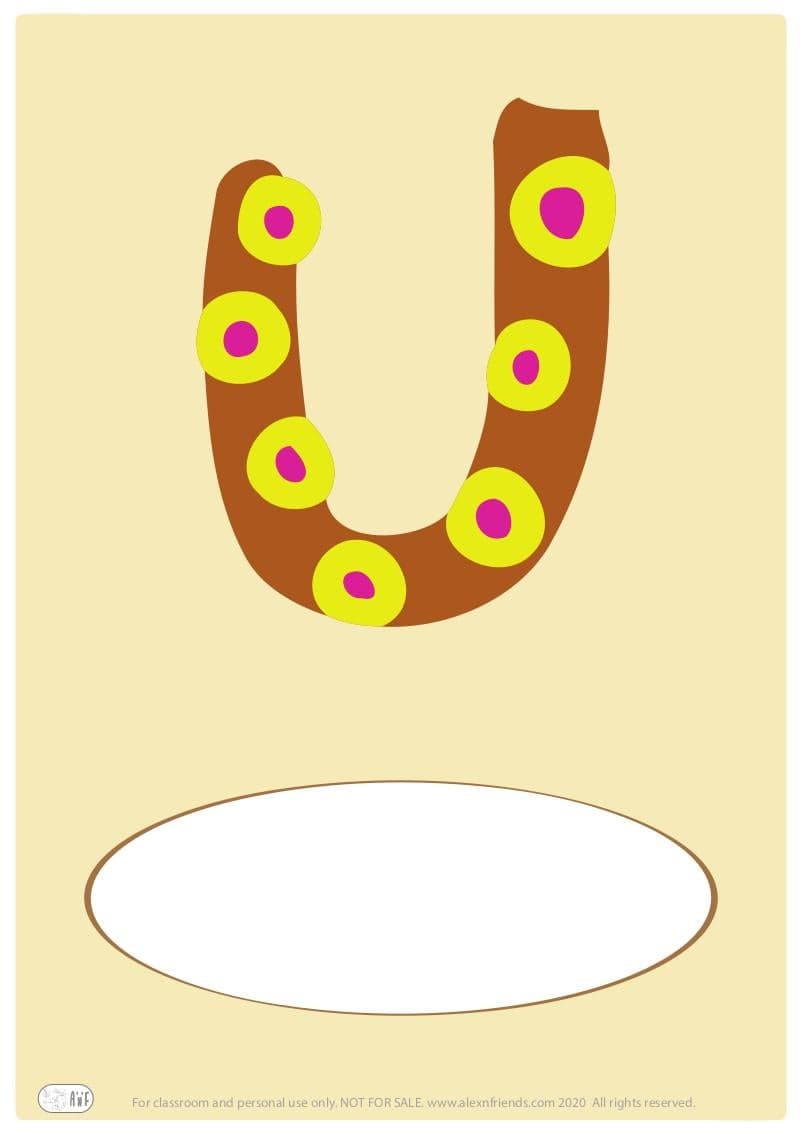 Free printable cover for kids' personal booklet with latin letter U.