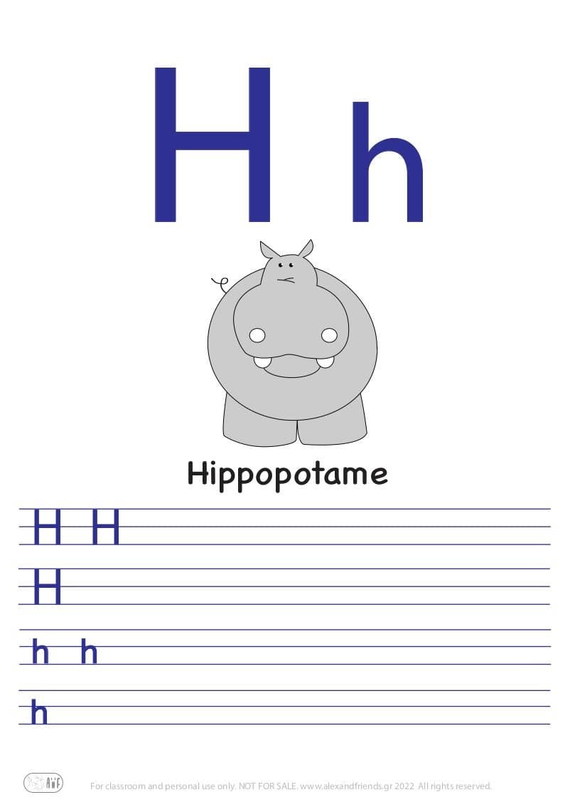 French alphabet. Free printable writing exercise for the letter H h and a hippo.