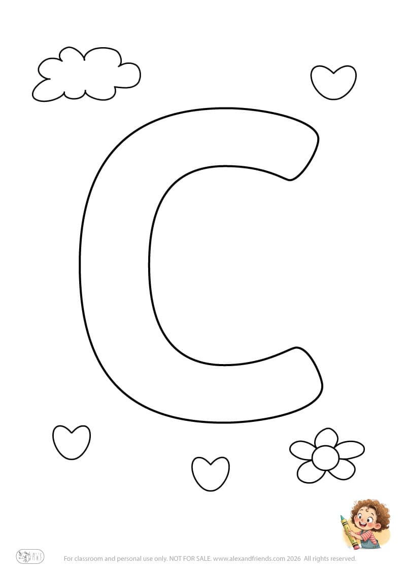 Letter C. Printable English alphabet coloring pages for children learning letters