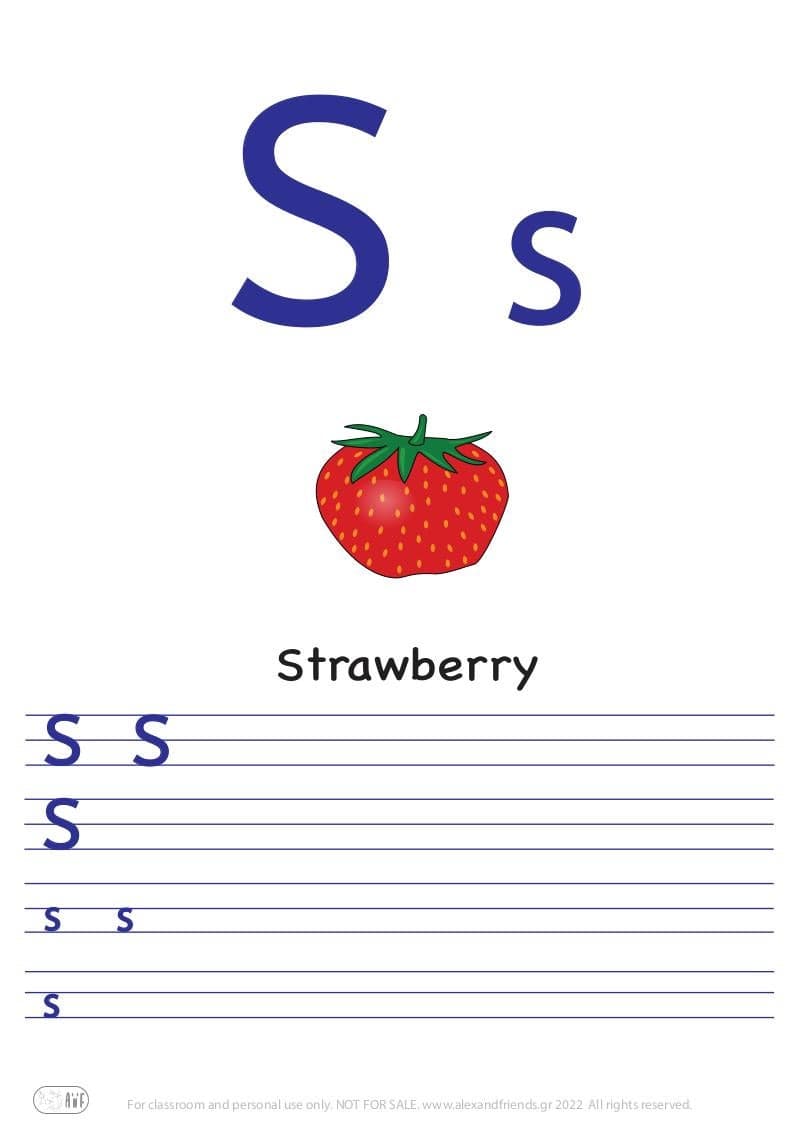 English alphabet. Free printable writing exercise for the letter S s and a strawberry.