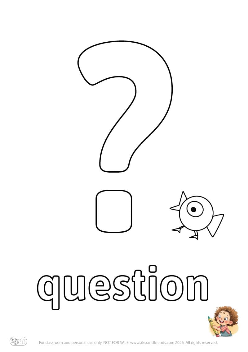 Letter q - question. Printable English alphabet coloring pages for children learning letters