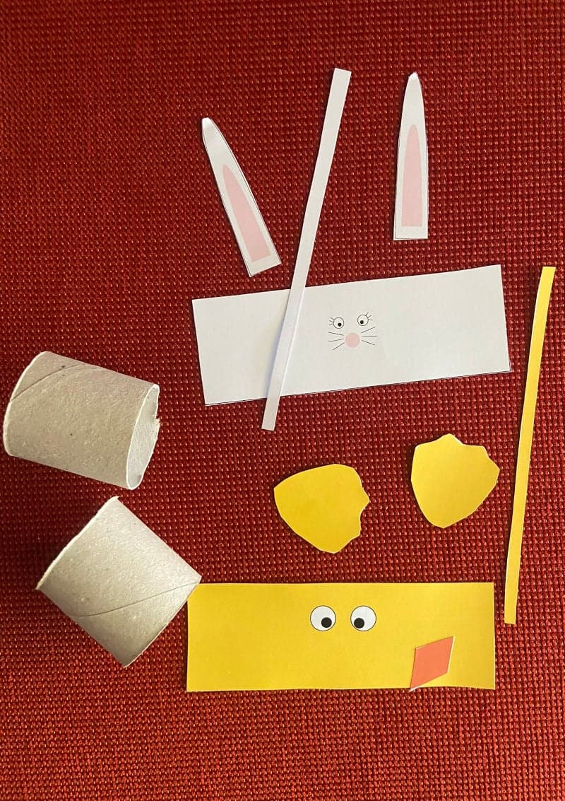 Easter craft for kids with toilet roll with free printable material. Bunny and chick basket.
