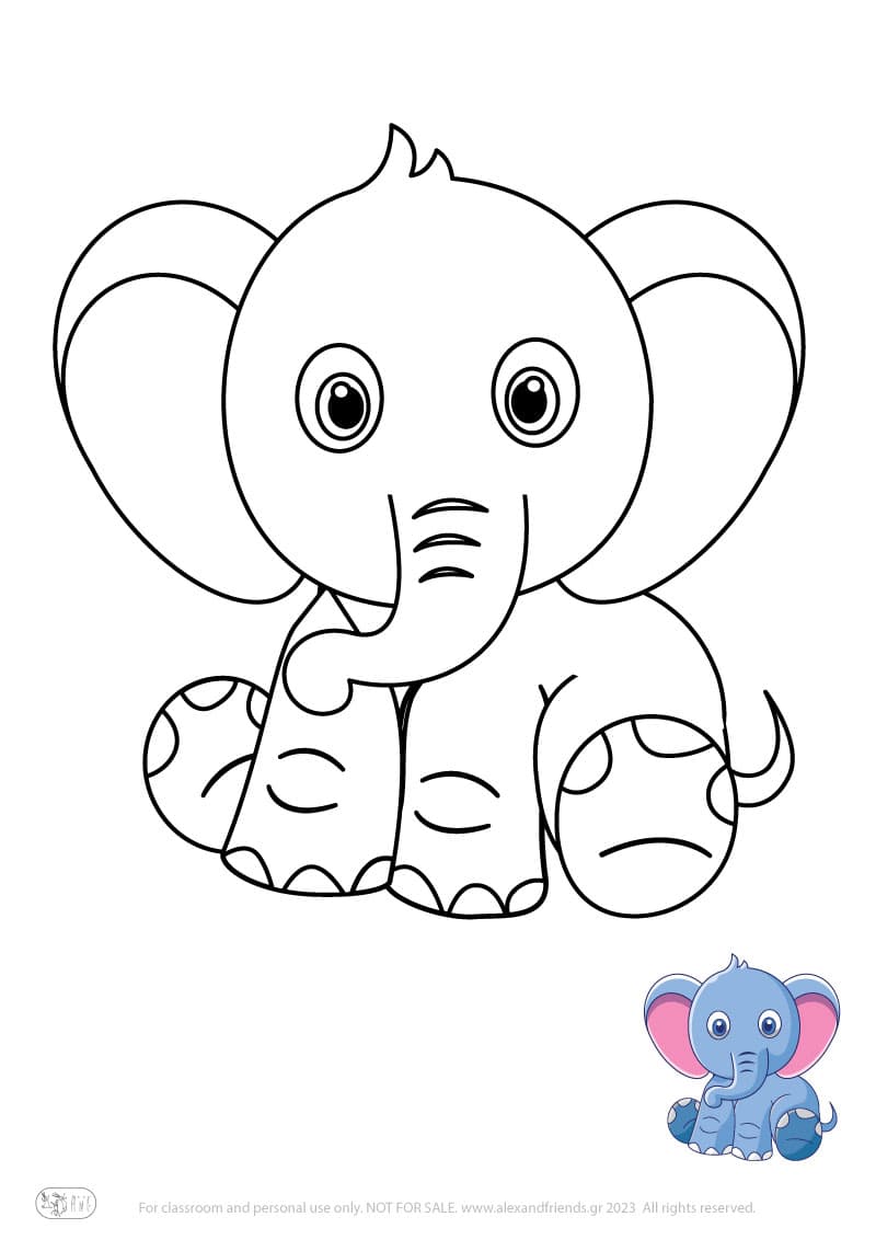 Free Coloring Pages for kids toddlers preschool kindergarten. Elephant.