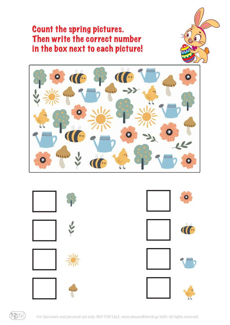 Count the pictures. Printable Easter preschool worksheet 