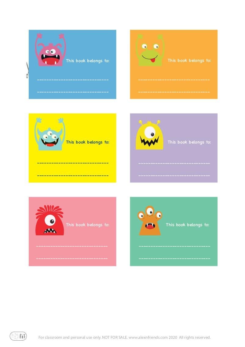 Free printable cute stickers for kids with little monsters in english. This book belongs to: