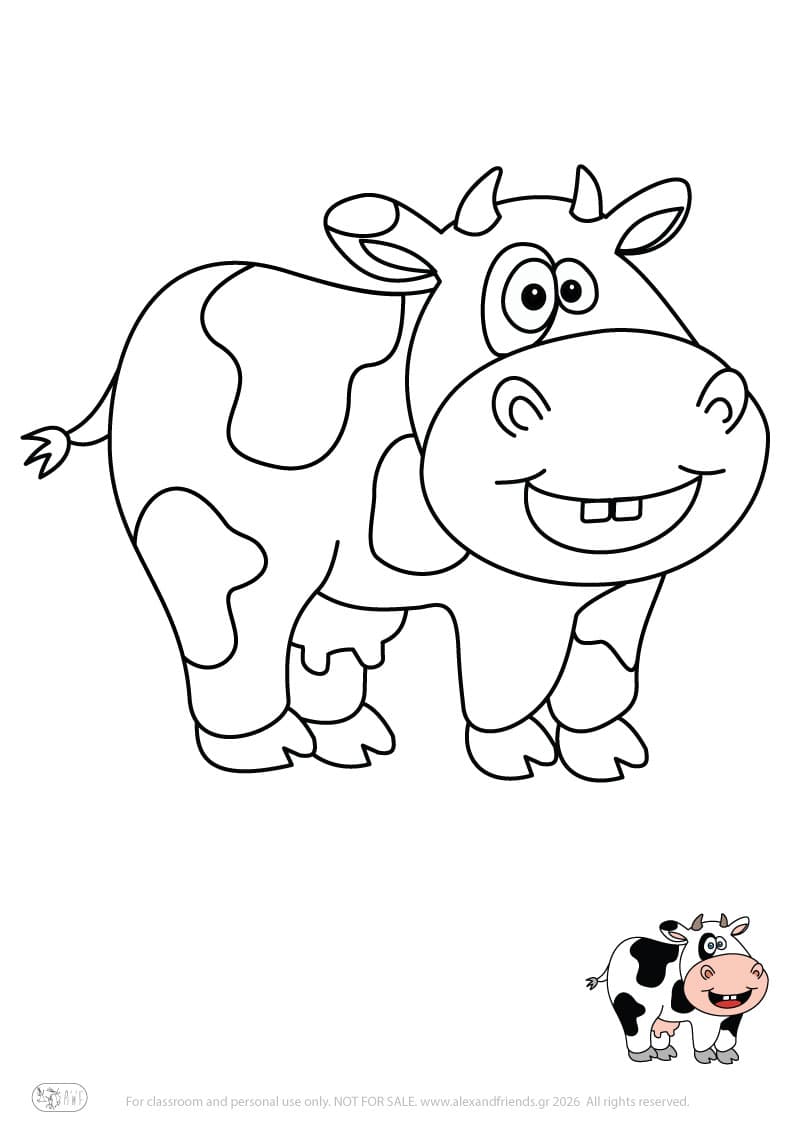 Learning activity for kids. Free printable coloring page of a cow