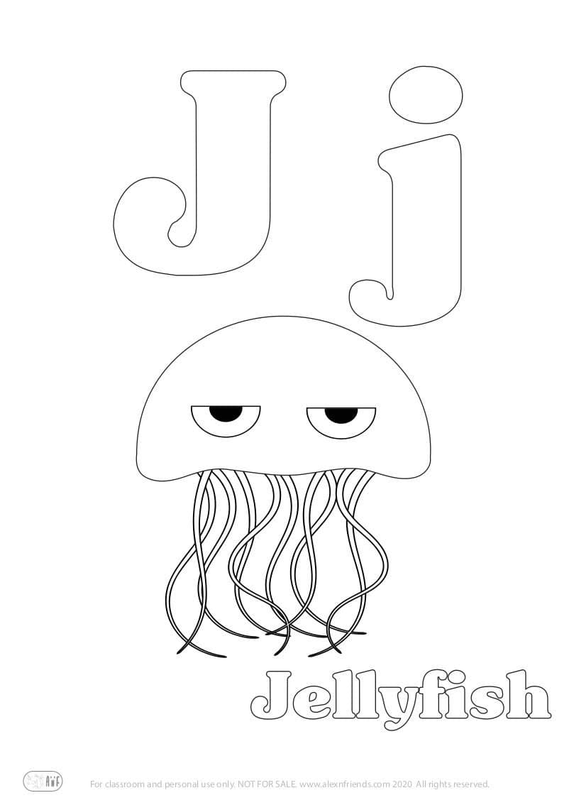 Learning english alphabet for kids. Free printable coloring page with letter J j and a jellyfish