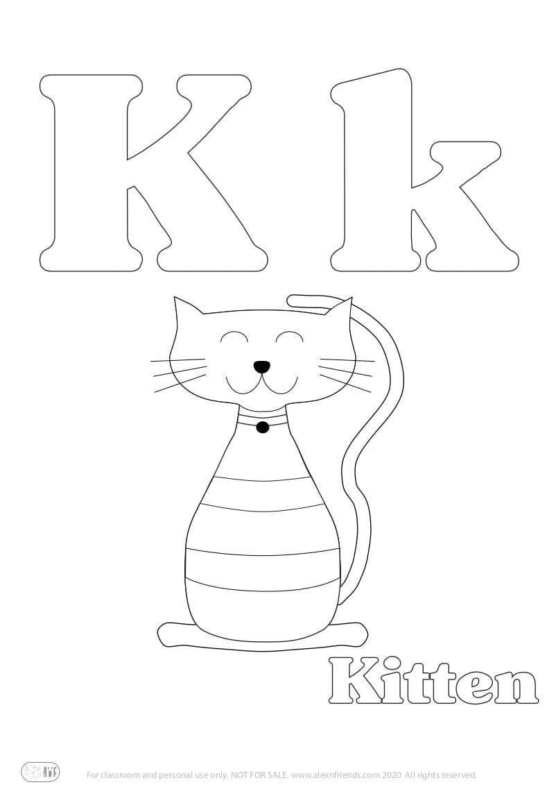 Learning english alphabet for kids. Free printable coloring page with letter K k and a kitten