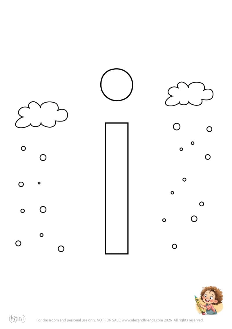Letter i. Printable English alphabet coloring pages for children learning letters