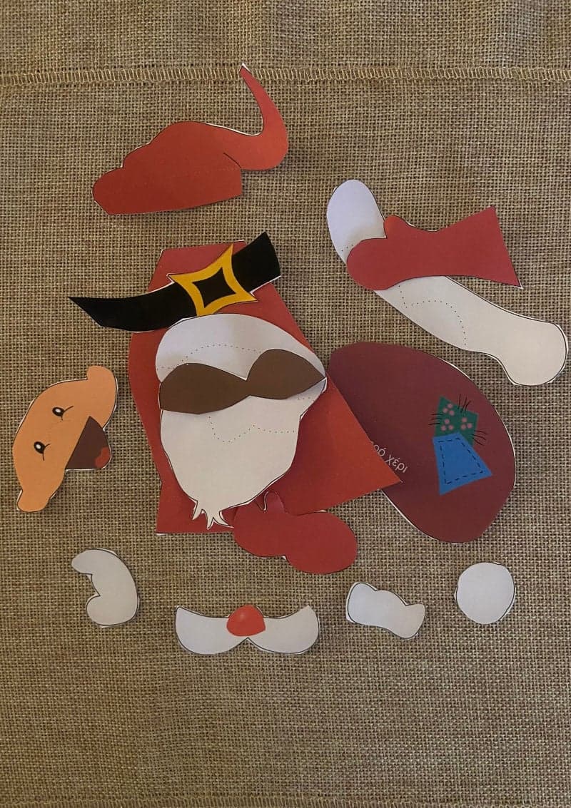 Δωρεάν εκτυπώσιμη χειροτεχνία για παιδιά. Γιορτές Χριστούγεννα Πρωτοχρονιά. Ο Άγιος Βασίλης σε κομμάτια. 