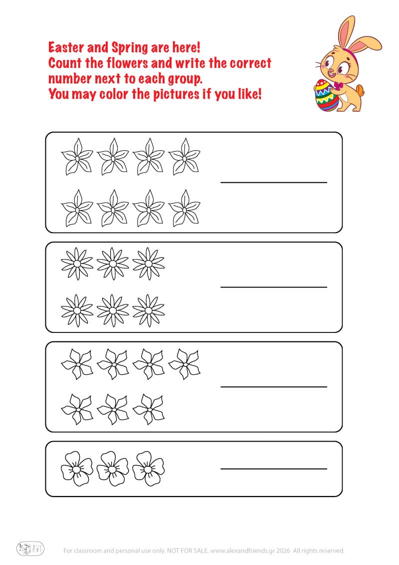 Count the flowers. Printable Easter preschool worksheet 