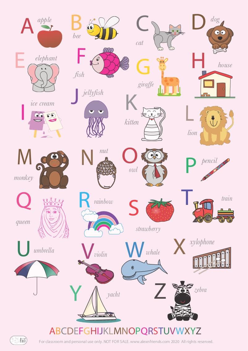 Δωρεάν εκτυπώσιμη ροζ αφίσα πόστερ εκμάθησης με την αγγλική αλφάβητο για παιδιά