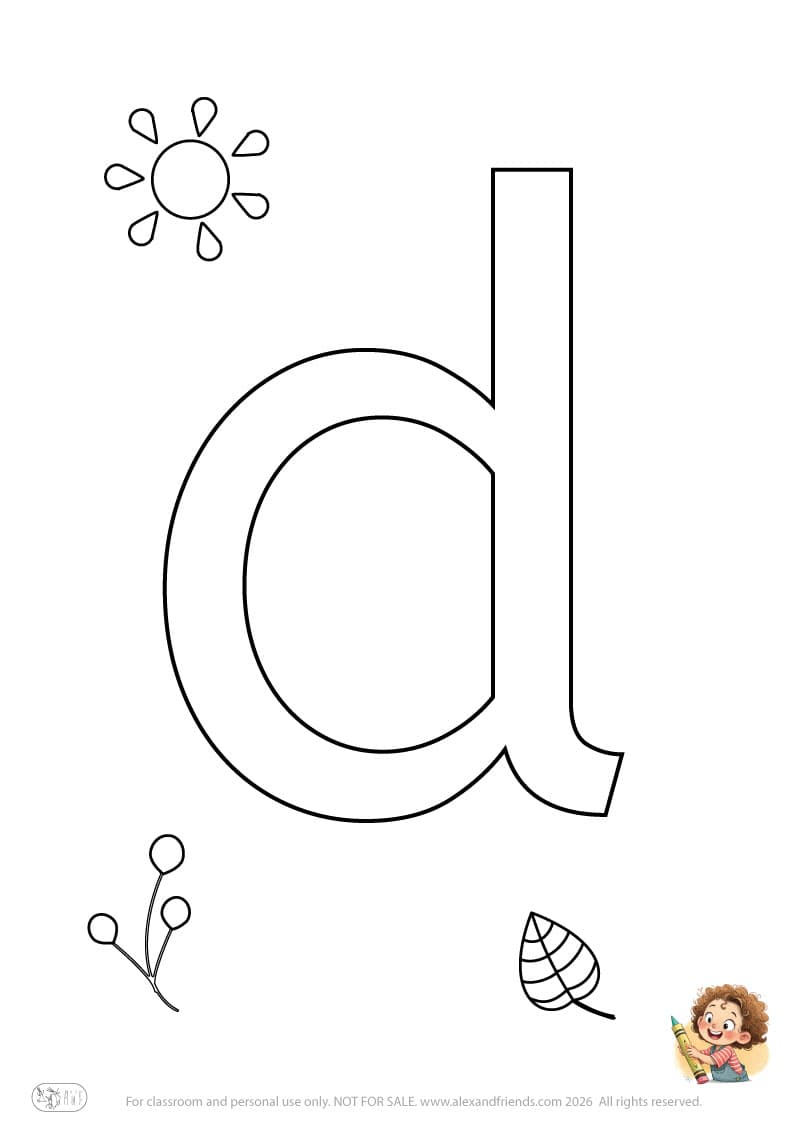 Letter d. Printable English alphabet coloring pages for children learning letters