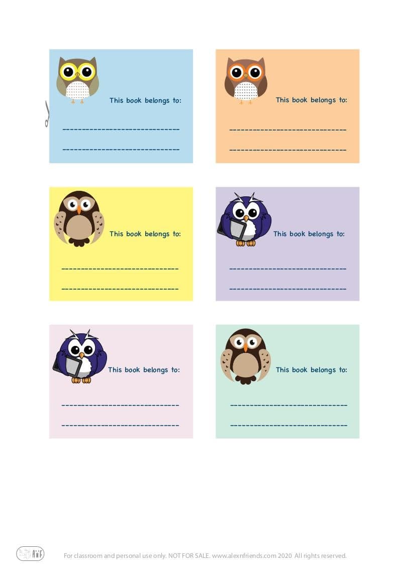 Free printable cute stickers for kids with owls in english. This book belongs to: