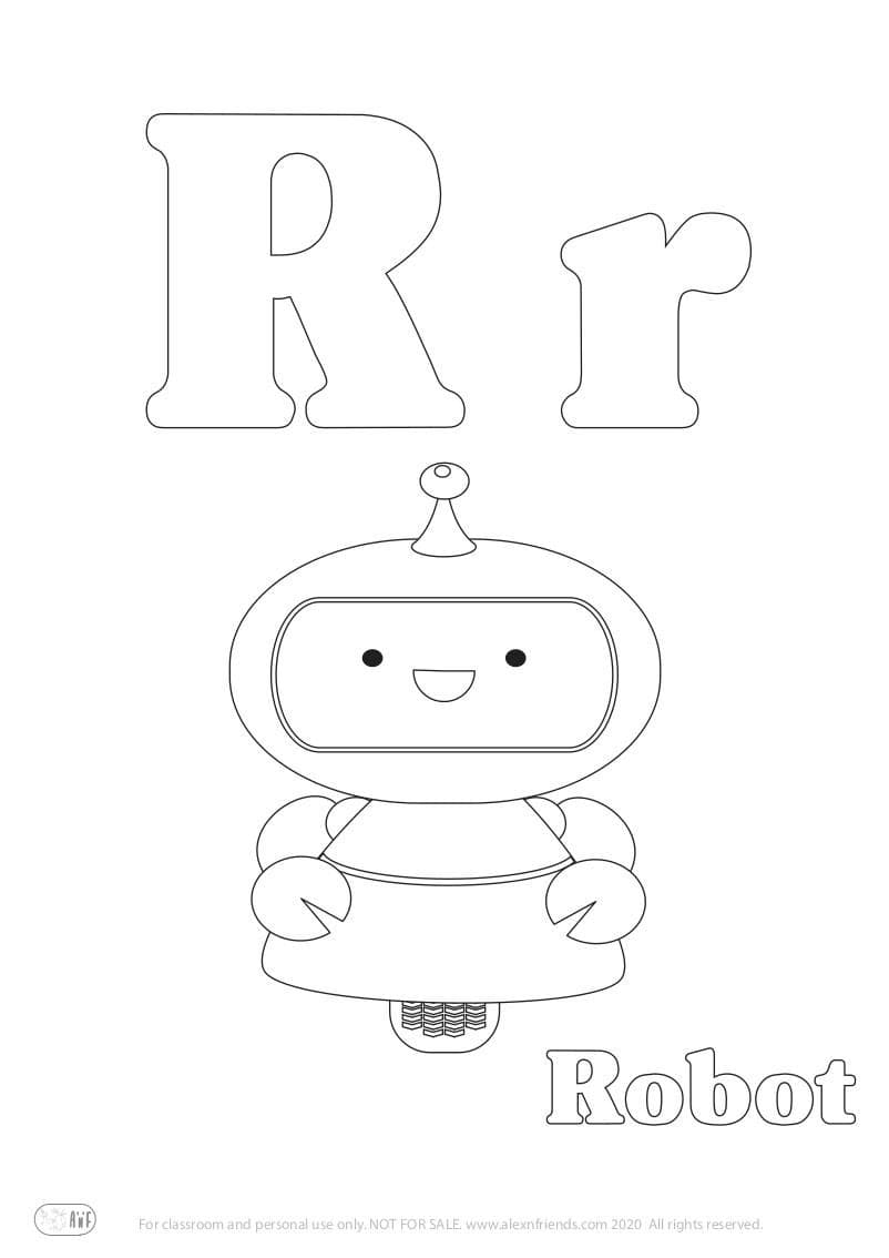 Learning french alphabet for kids. Free printable coloring page with letter R r and a robot