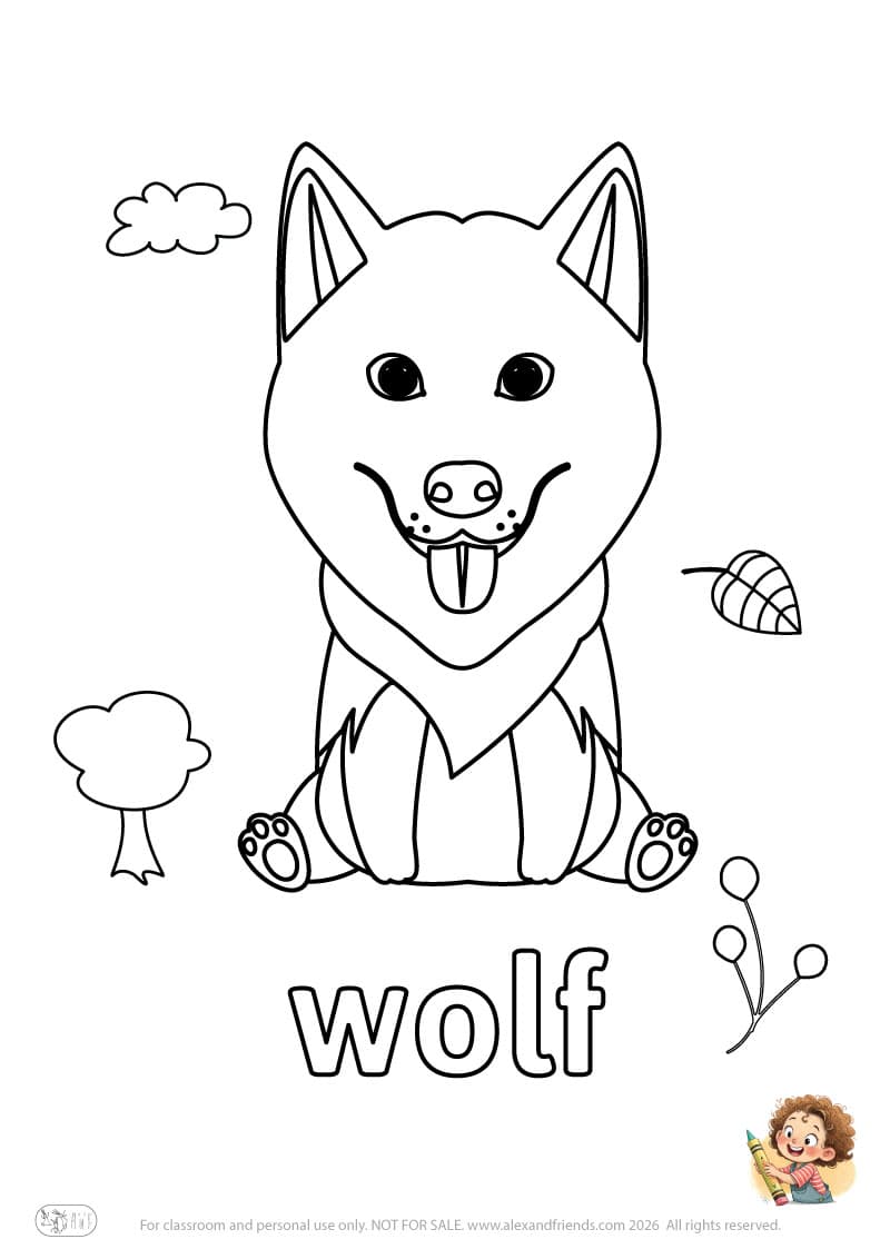 Letter w - wolf. Printable English alphabet coloring pages for children learning letters