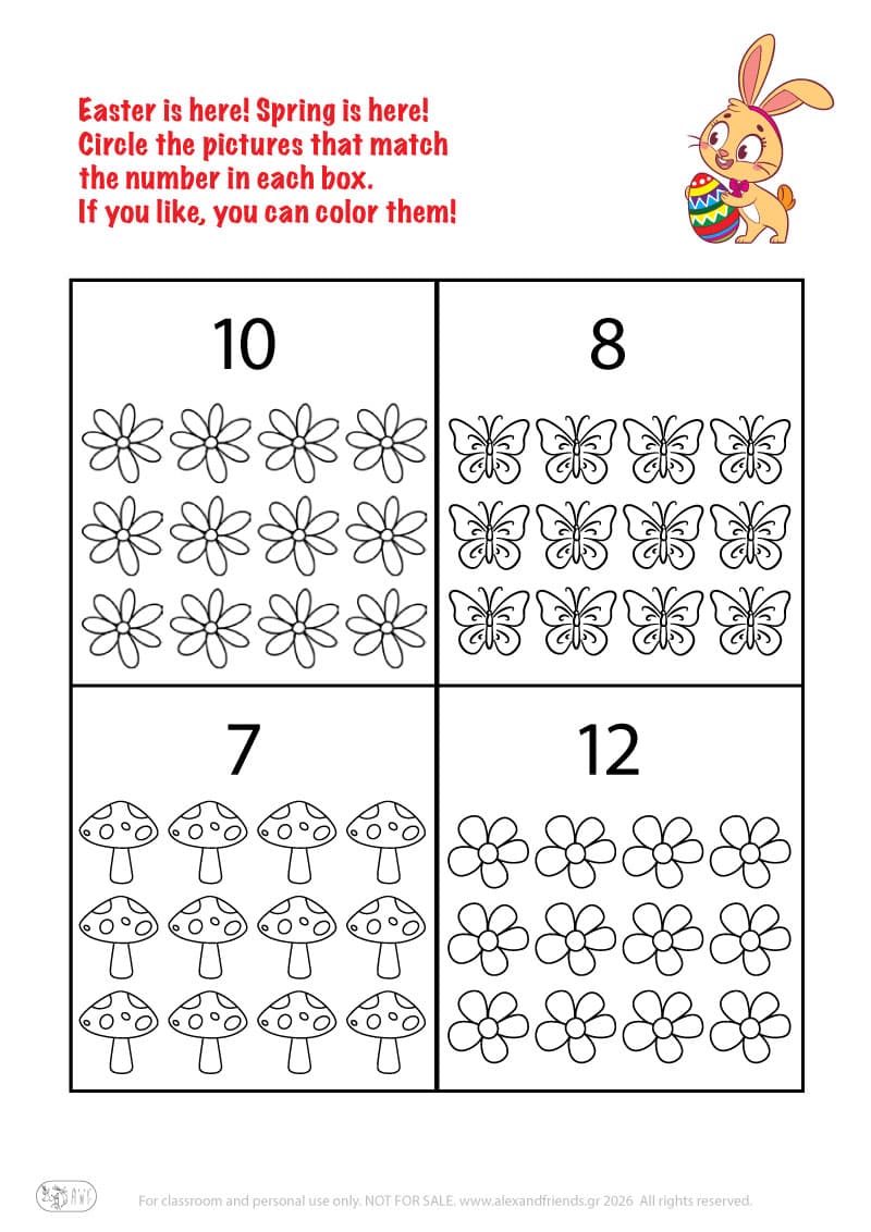 Count and circle. Printable Easter preschool worksheet 
