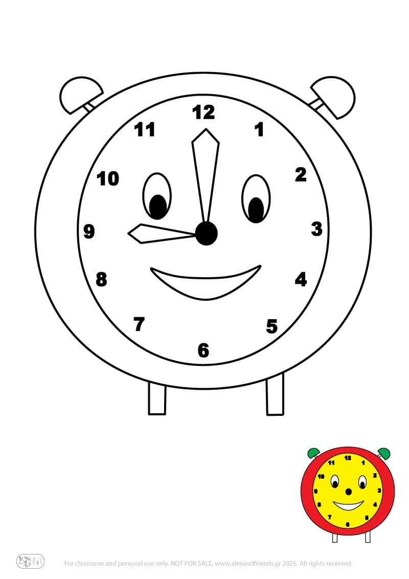 Εκπαιδευτική δραστηριότητα για παιδιά. Δωρεάν εκτυπώσιμο φύλλο ζωγραφικής με ρολόι