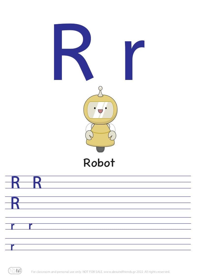 French alphabet. Free printable writing exercise for the letter R r and a robot.
