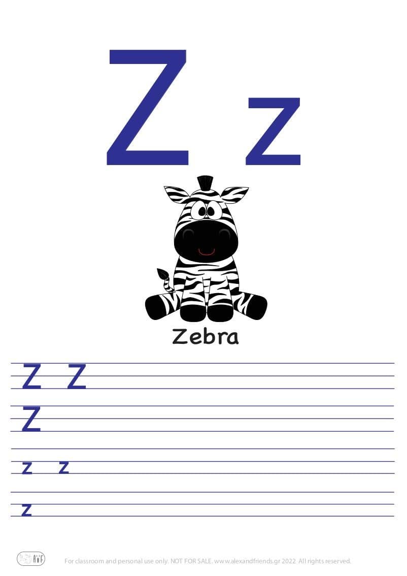 English alphabet. Free printable writing exercise for the letter Z z and a zebra.