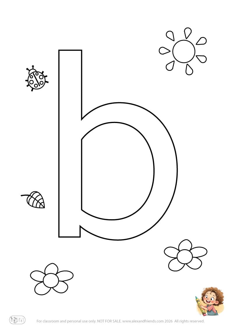 Letter b. Printable English alphabet coloring pages for children learning letters