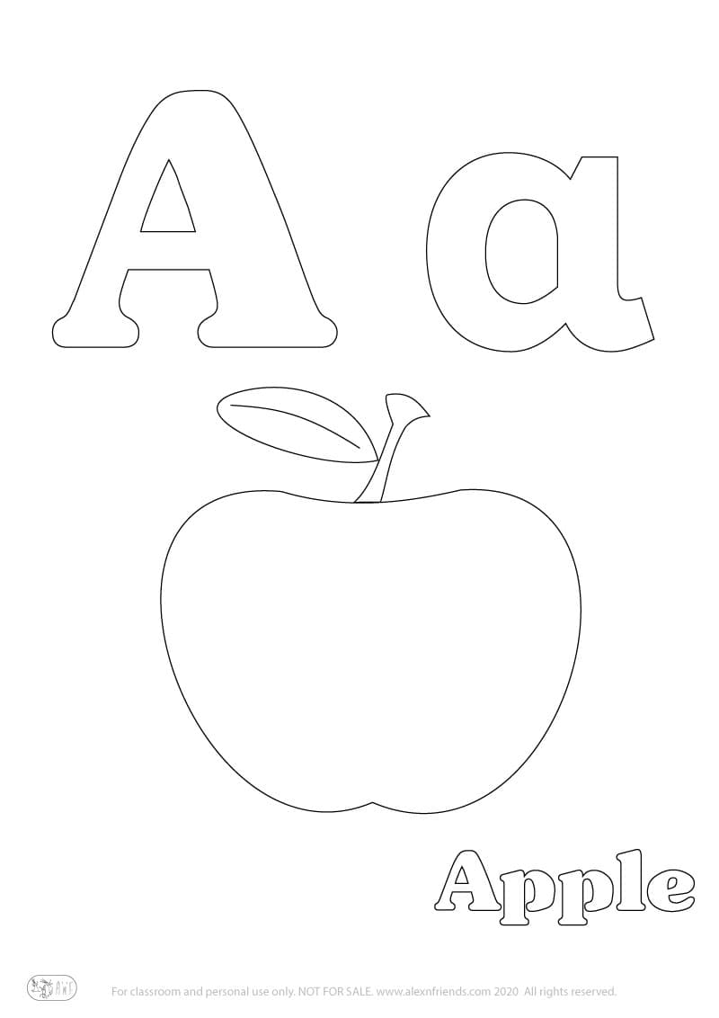 Learning english alphabet for kids. Free printable coloring page with letter A a and an apple