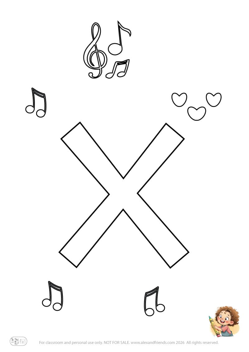 Letter x. Printable English alphabet coloring pages for children learning letters