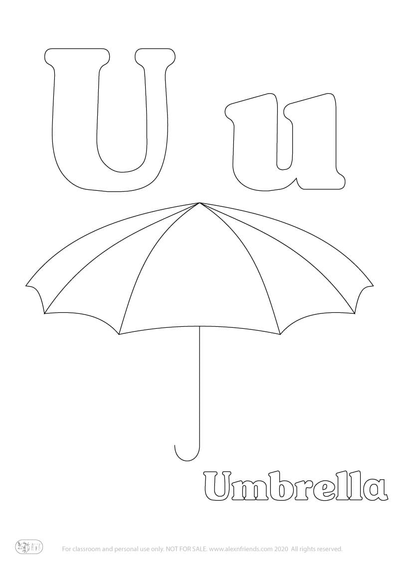 Learning english alphabet for kids. Free printable coloring page with letter U u and an umbrella.