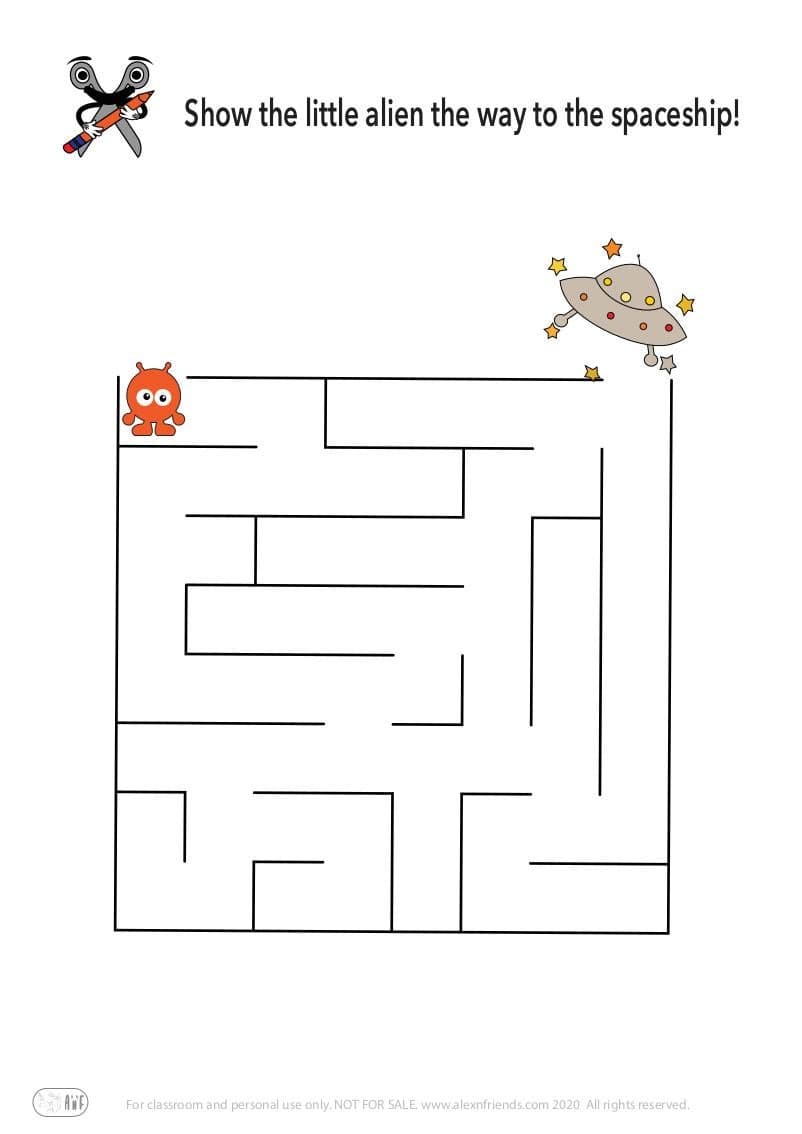 Educational activity for preschoolers. Free printable maze. Alien and spaceship.