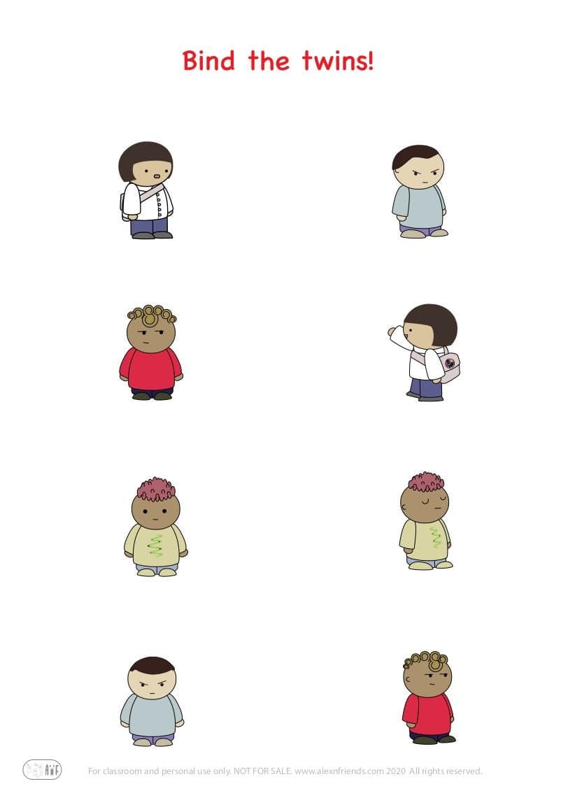 Free printable educational exercise for preschoolers. Bind the twins. Describe a pair to a child. 