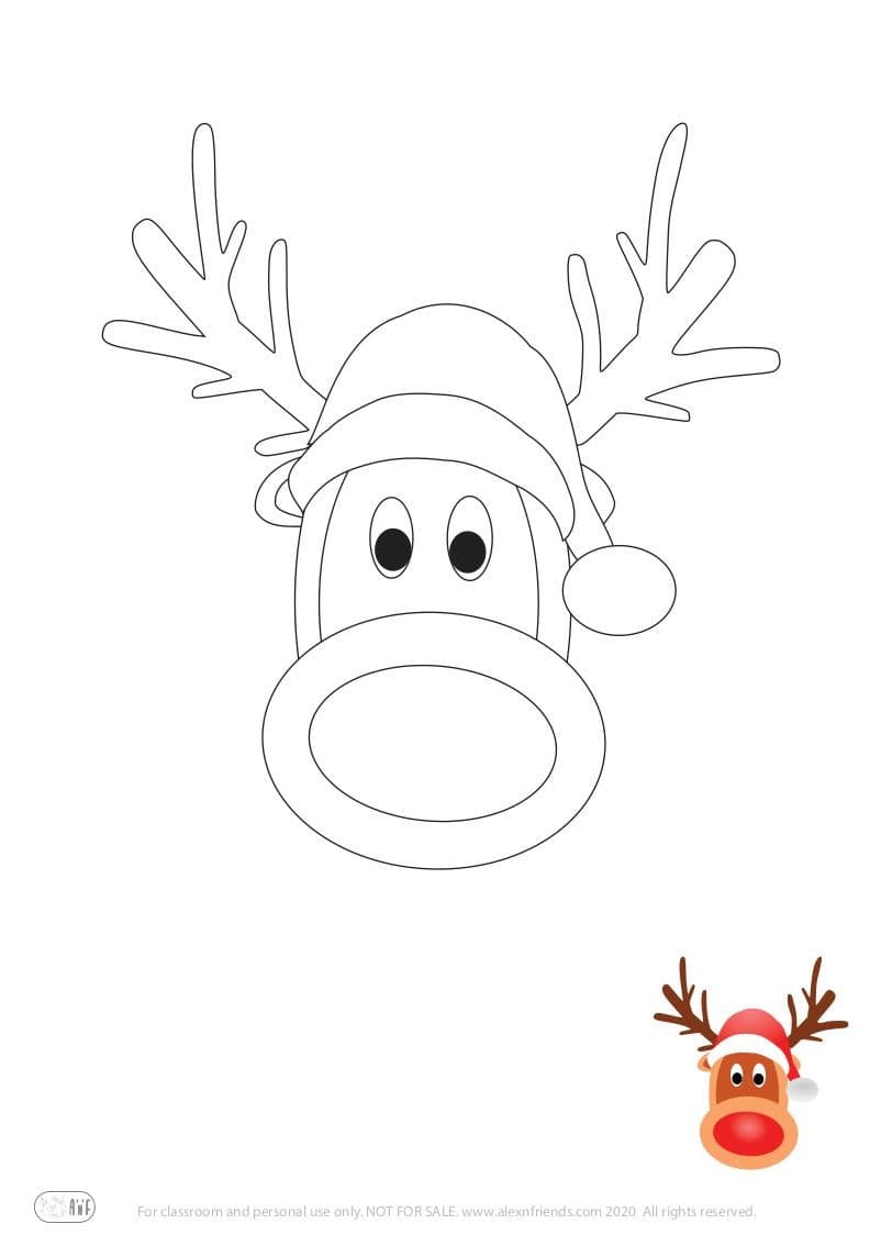 Free printable holiday coloring page for kids. Christmas and New Year. Rudolf the red nose reindeer.