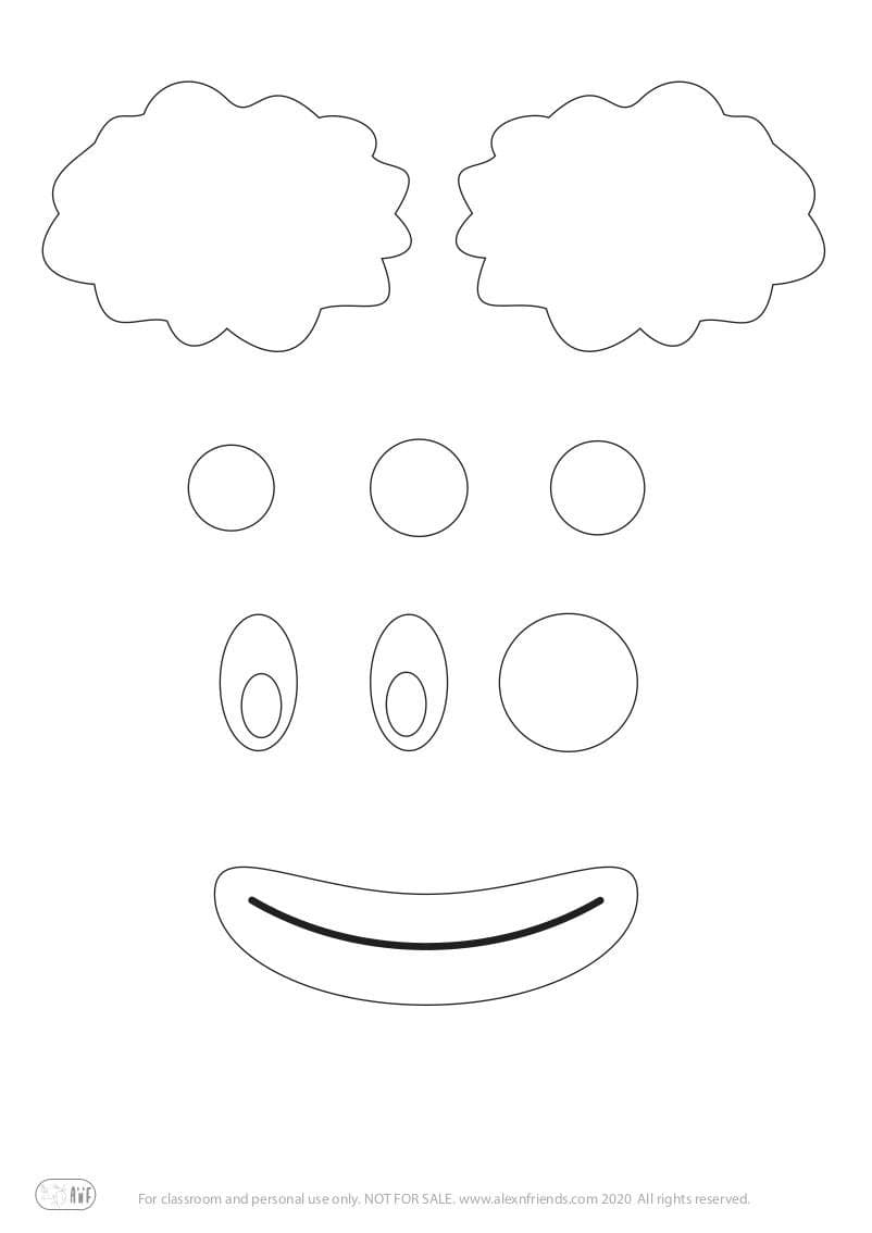 Δωρεάν εκτυπώσιμη χειροτεχνία για τις Απόκριες για παιδιά. Μαυρόασπρα τμήματα του πολύχρωμου κλόουν. 