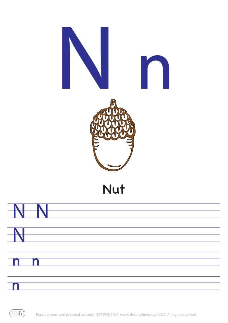 English alphabet. Free printable writing exercise for the letter N n and a nut.